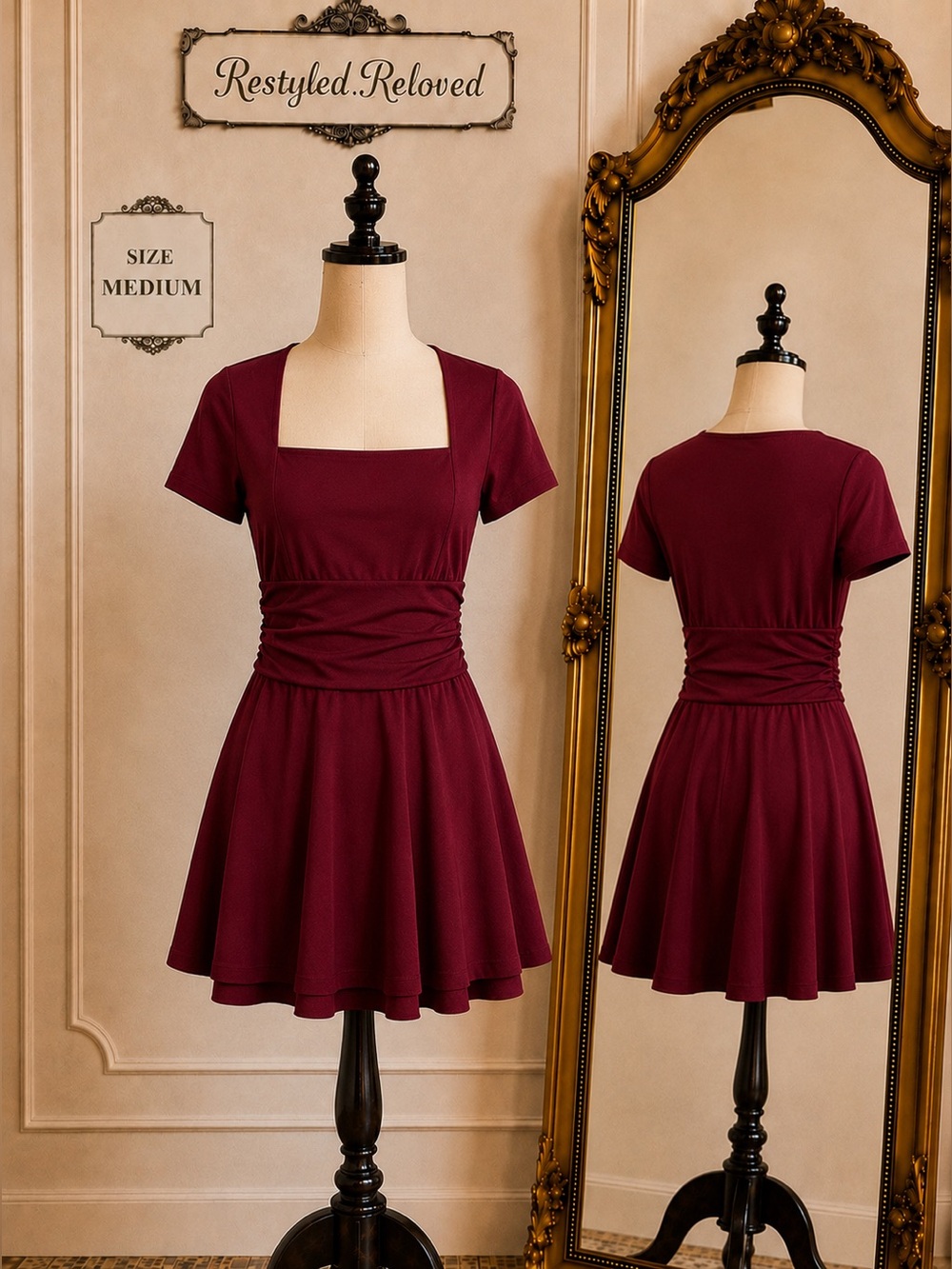 NWT OYS Wine Red Square Neck Ruched Fit & Flare Mini Dress M, XL
